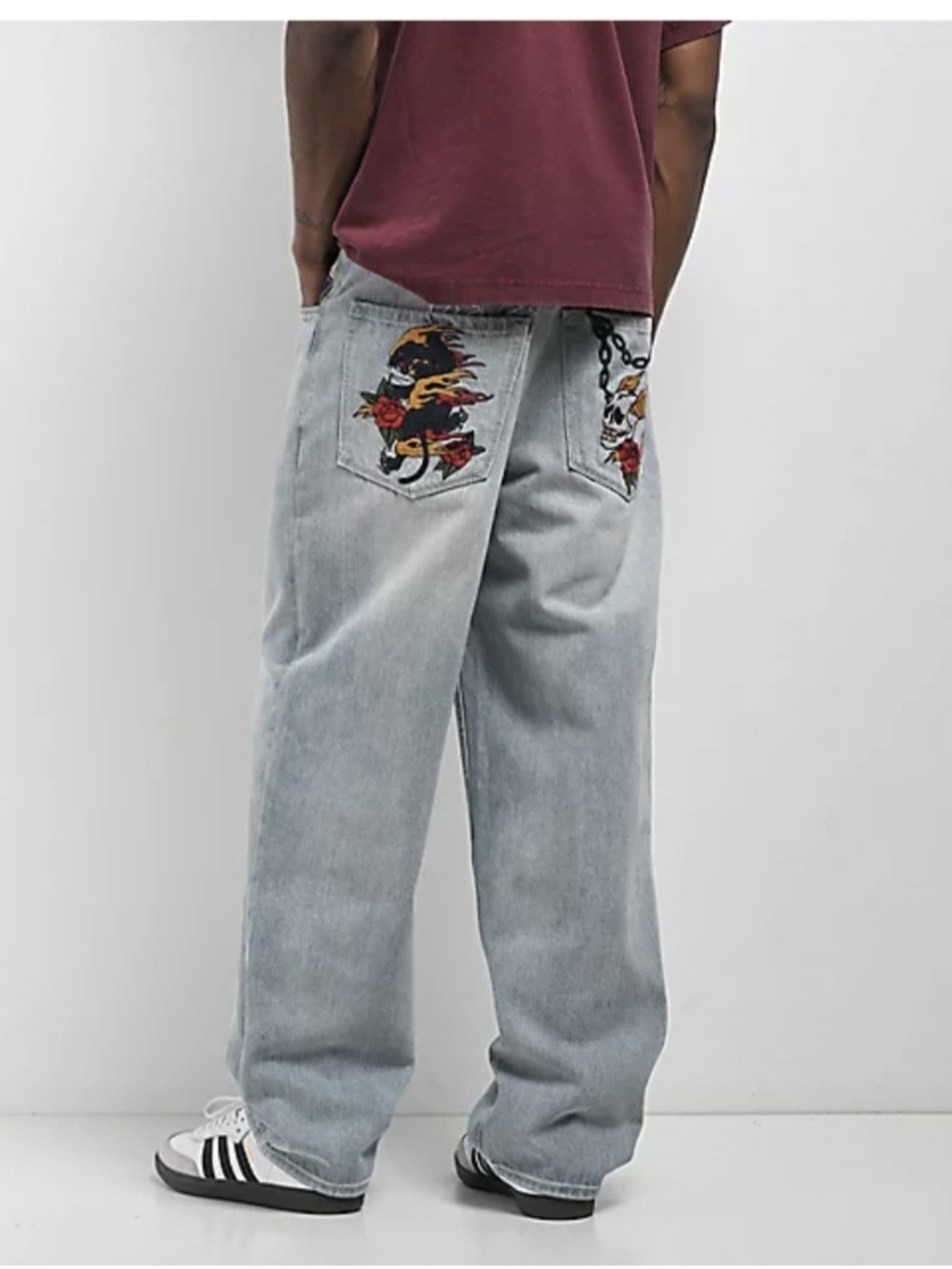 Light Blue Wash Loose Fit Men's Jeans with Embroidered Back Pockets